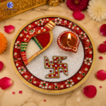Puja Arti Thali Marble Handicraft Set 6 Inch | Makrana Marble Pooja Thali with Diya & Roli Chawal Set | Hand Painted Meenakari Marble Puja Plate