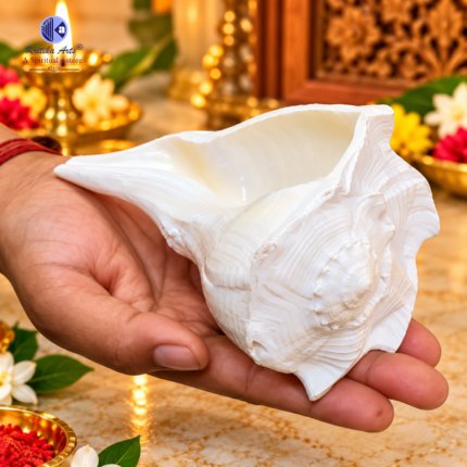 Dakshinavarti Natural Shankh medium Sizes (4-6 Inch) authentic white conch shells for Mahalaxmi Pooja, Diwali, Navratri, spiritual rituals, and Vastu purposes.