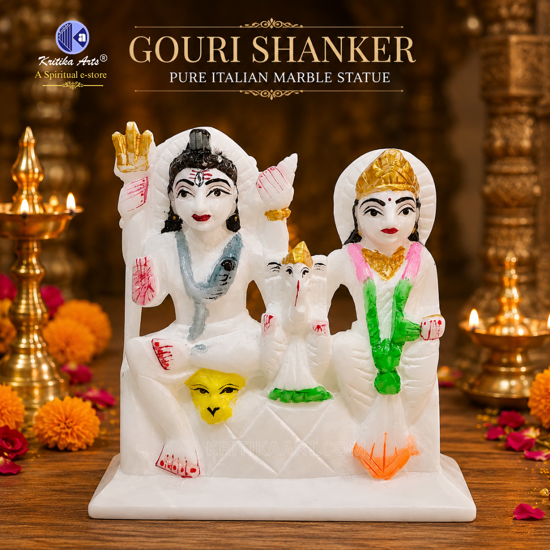 Pure White Italian Alabaster Gauri Shanker Murti | Premium Marble Shiv Parivar Statue Pure White Italian Alabaster Gauri Shanker Murti