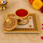 Tilak Roli Sindoor Dibia Marble Set (Single) – Pure Makrana Marble Handcrafted Sindurdani with Hand Painting | Puja Tilak Box for Home Temple & Ritual Use (6x6 Inch) - Image 2