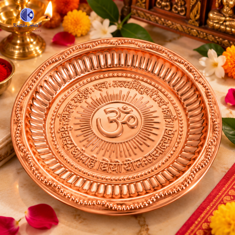 Home 17 Copper Pooja Thali with Om Symbol & Gayatri Mantra | Handmade