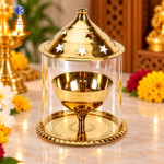 Akhand Jyot Deepak Brass Diya with Borosilicate Glass Cover for Home Temple