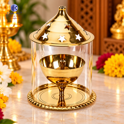 Akhand Jyot Deepak Brass Diya with Borosilicate Glass Cover for Home Temple