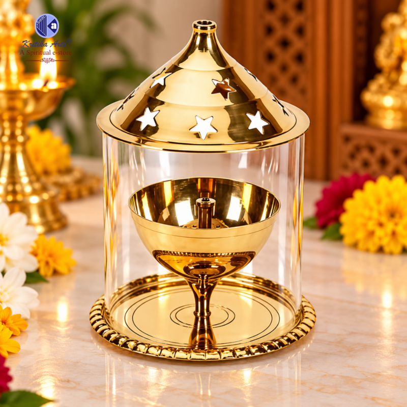 Akhand Jyot Deepak Brass Diya with Borosilicate Glass Cover for Home Temple