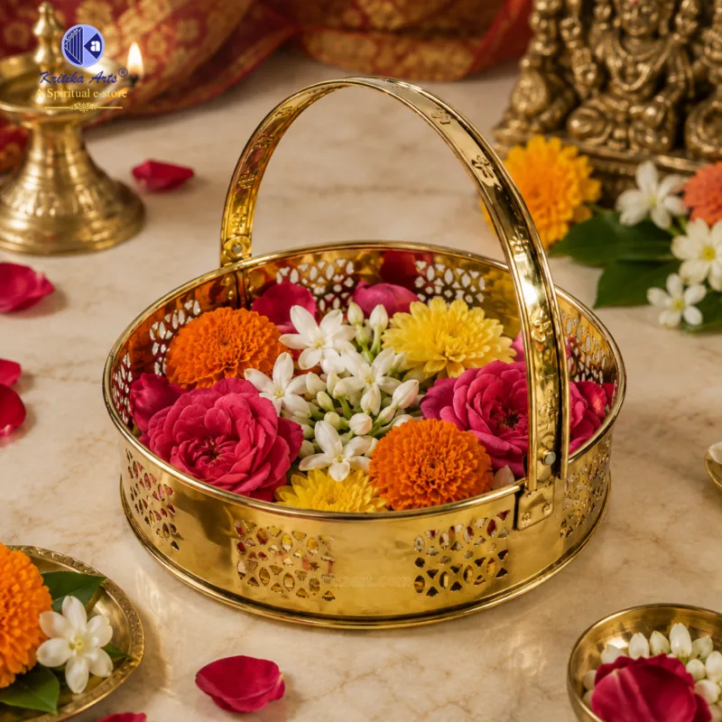 Brass Pooja Dalia Basket with Handle for Flowers and Puja Samagri