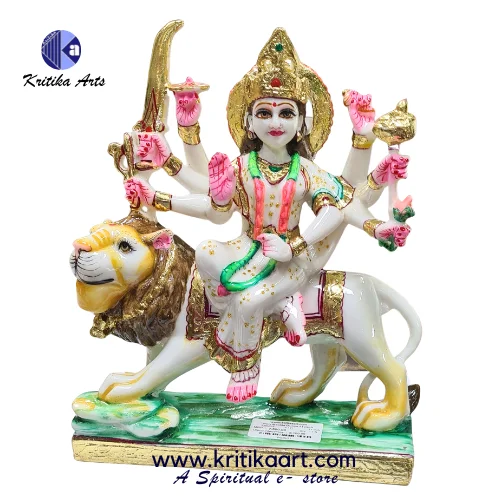 11 Inch Maa Durga Idol White Hybrid Polymarble with Gold Traditional Painting