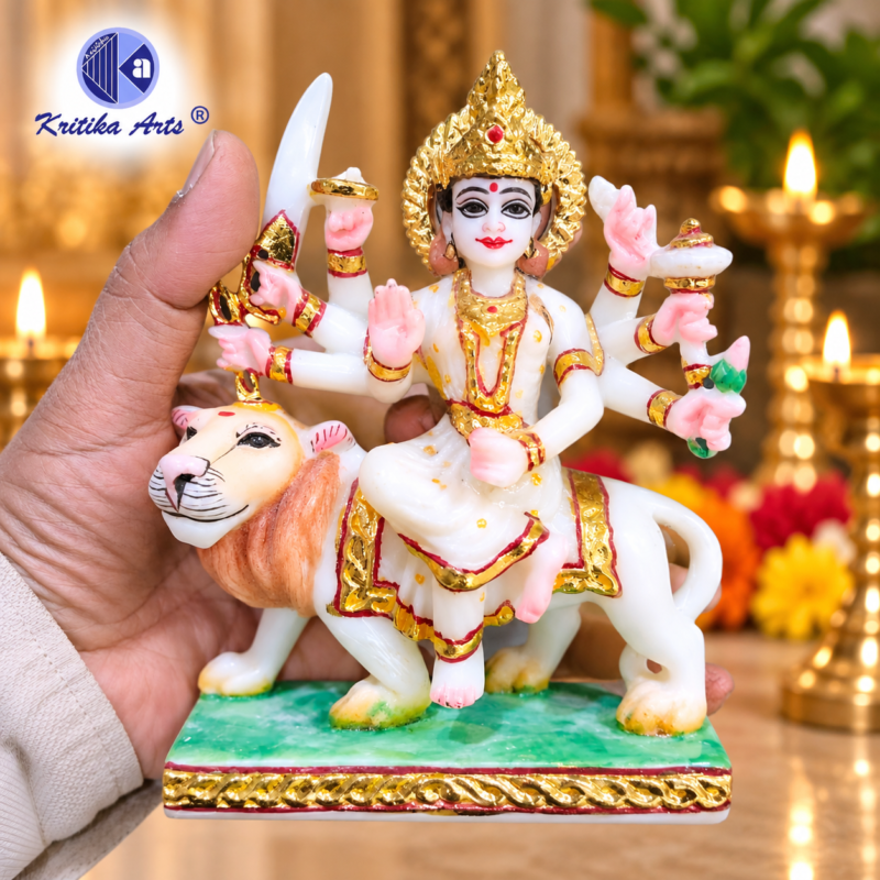 White Polyresin Maa Durga Idol Sculpture with Gold Finish