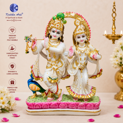 10 Inch White Gold Radha Krishna Jugal Jodi Poly Marble Idol for Home Temple and Spiritual Decor