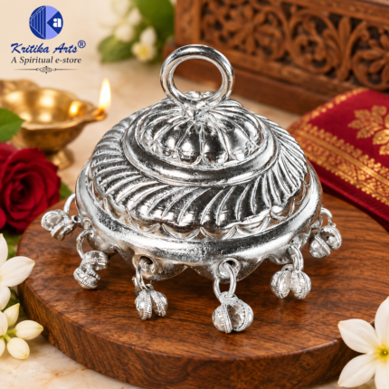 German Silver White Metal Deity Chatra with Hook and Ghunghroo Bells for Laddu Gopal Radha Krishna Temple Decoration