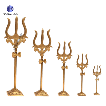 Small solid brass Damru Trishul with stand in multiple sizes – handcrafted symbol of Lord Shiva for puja, home temple, or gifting.