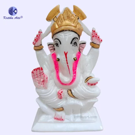 “6-inch white Italian marble Ganesha statue handcrafted in premium alabaster with fine detailing and polished finish.”