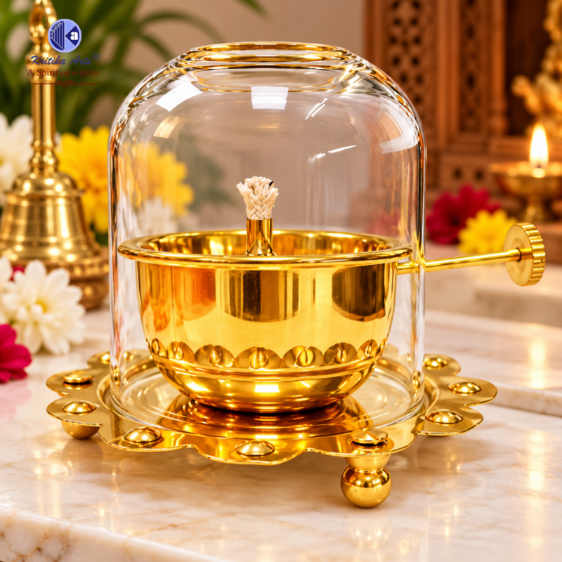 Pure Brass Akhand Jyot Diya with Adjustable Bati Knob, Wick Lifting Screw Lever and Glass Cover for Puja & Temples