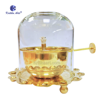 Pure Brass Akhand Jyot Diya with Adjustable Bati Knob, Wick Lifting Screw Lever and Glass Cover for Puja & Temples