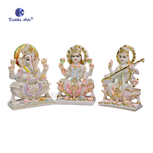 Ganesh Laxmi Saraswati trio set on home altar – poly marble 9 inch poly marble Ganesh Laxmi Saraswati set 9 inch