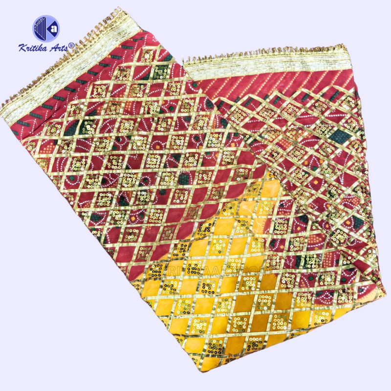 Peelia Odhani Mata Ki Chunari 40x72 inch Rajasthani Gota Patti Work Cotton Chunri for Navratri and Rani Sati Dadi