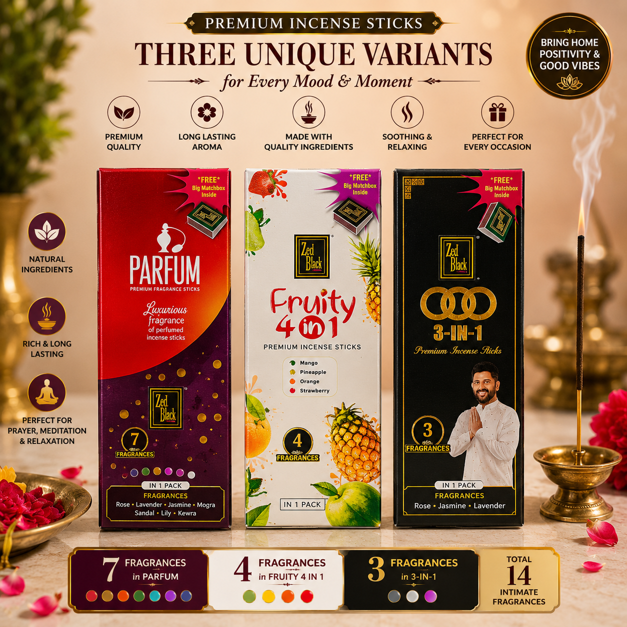 Buy Z Black Combo Pack Agarbatti – 3 Premium Incense Packs with 14 Unique Fragrances Z Black Combo Pack Premium Incense Sticks