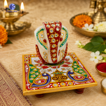 Marble Ganesh Chowki with Handcrafted Lord Ganesha Idol on Decorative Colorful Platform by Kritika Arts