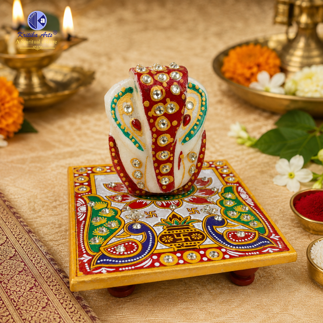 Handcrafted Marble Ganesh Chowki Return Gift Marble Ganesh Chowki with Handcrafted Lord Ganesha Idol on Decorative Colorful Platform by Kritika Arts