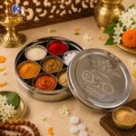 Stainless Steel Pooja Set Dabba with 7 Containers for Roli Chawal Kumkum Haldi Chandan Storage