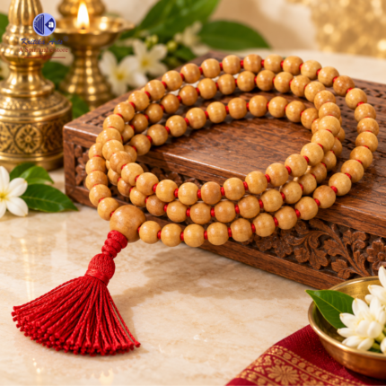 Pure White Chandan Wood Mala with 108+1 beads and red tassel, original sandalwood prayer beads for Lakshmi Poojan, Krishna Jaap, meditation, yoga and daily worship
