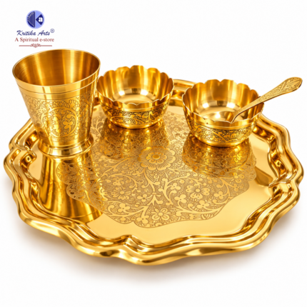 Pure brass bhog thali set with two katoris and one glass, 8 inch