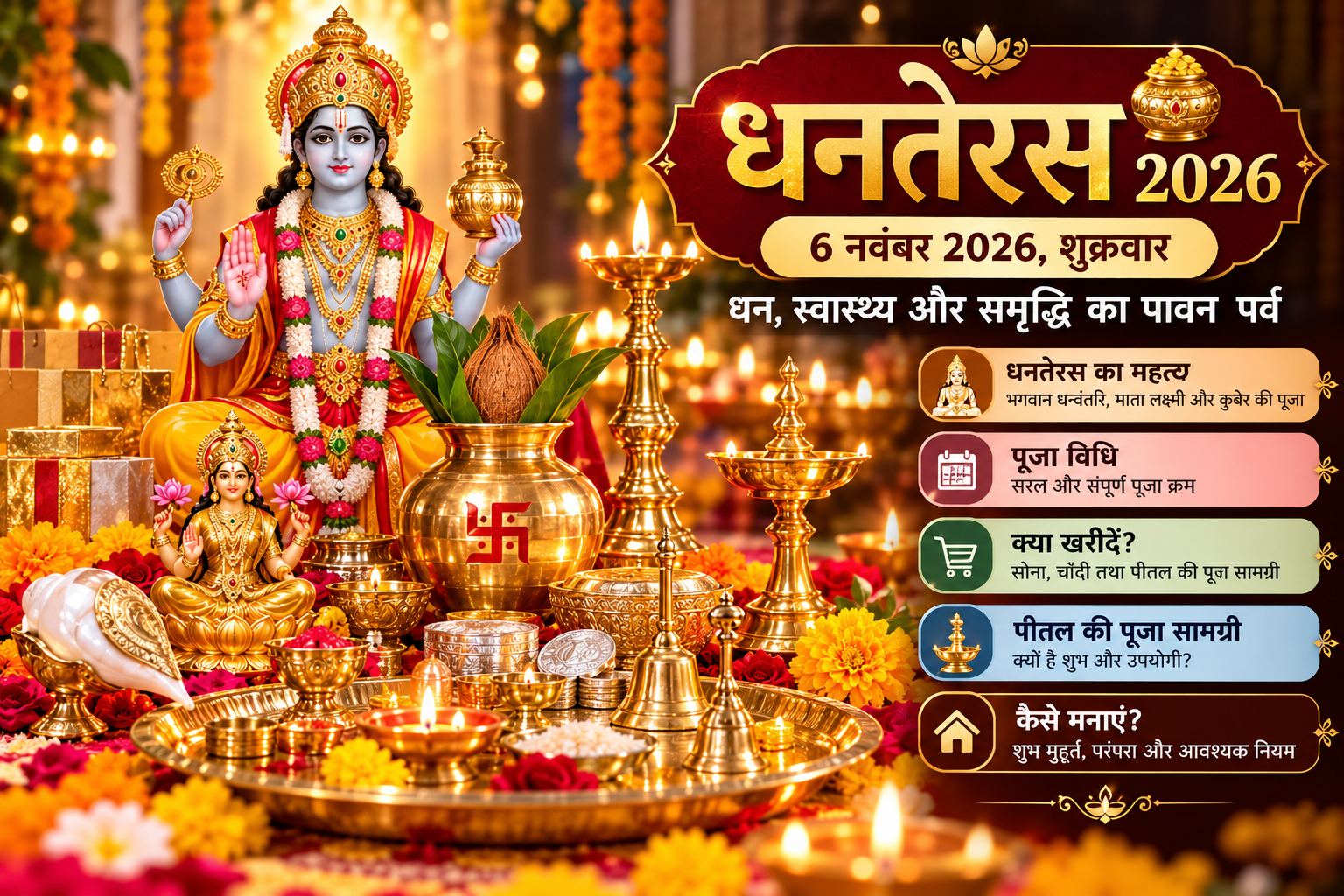 धनतेरस Dhanteras 2026: कब है धनतेरस? जानें महत्व, पूजा विधि और इस दिन क्या खरीदना चाहिए? सोने से लेकर पीतल की पूजा सामग्री तक का धार्मिक महत्व 1 धनतेरस 2026