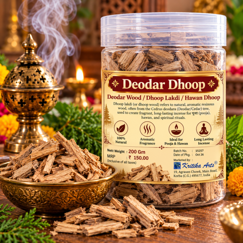 Deodar Dhoop Lakdi 200g PET Jar &ndash; Pure Natural Cedar Wood Chips for Puja Havan and Spiritual Rituals