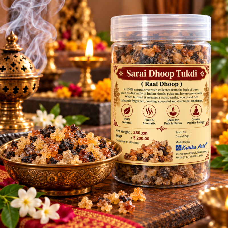 Sarayi Dhoop Tukdi Raal Dhoop Crushed Natural Resin 250gm PET Jar for Pooja Havan Temple Rituals by Kritika Arts